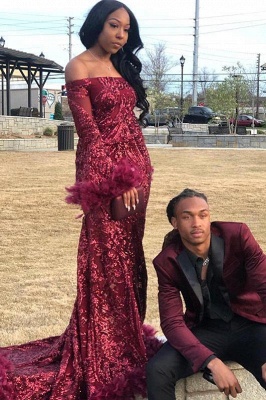 Sexy Off-the-shoulder Burgundy Shining Sequined Long Prom Dress with Fur_1