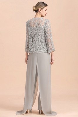 Silver Chiffon Motherr of the Bride Dress Lace Appliques JumpSuit with Long Sleeves_3