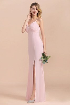 Vestido de dama de honor de sirena sin mangas con cuello en V rosa Vestido de novia con abertura lateral_4
