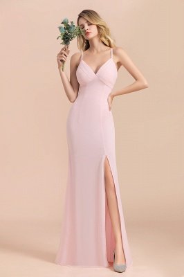 Vestido de dama de honor de sirena sin mangas con cuello en V rosa Vestido de novia con abertura lateral_1