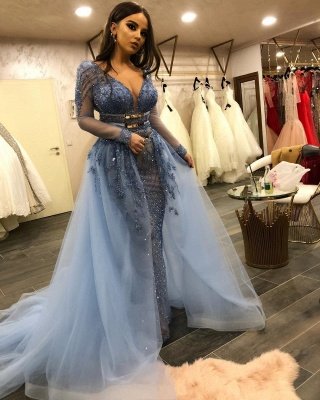 Gorgeous Long Sleeves V-Neck Lace Beaded Mermaid Prom Dresses with Over Skirt_3