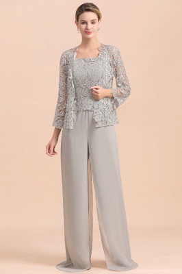 Silver Chiffon Motherr of the Bride Dress Lace Appliques JumpSuit with Long Sleeves_2