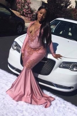 Pink Mermaid Long Sleeves V-neck Floor Length Prom Dresses_1