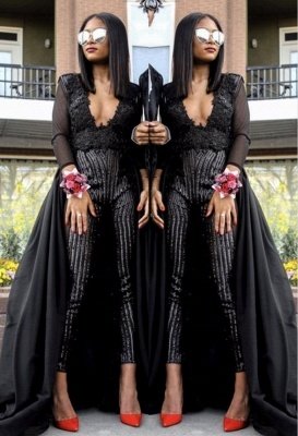 Special V Neck Long sleeves Lace Prom dresses with Sequins Trousers | Floor Length Evening Gowns With Zipper_4