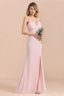 Vestido de dama de honor de sirena sin mangas con cuello en V rosa Vestido de novia con abertura lateral_5
