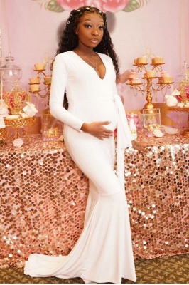 Pure White V-neck Mermaid Pregnant Formal Dresses with Sleeves_1