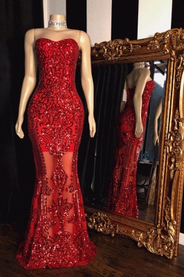 Sweetheart Strapless Sequins Pattern Long Mermaid Prom Gowns_1