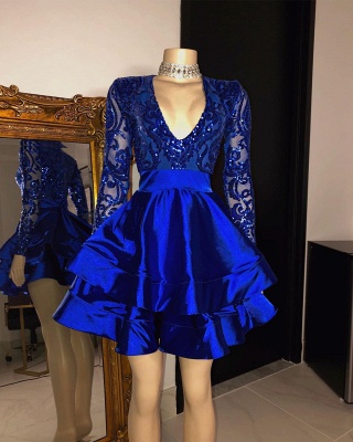 Sequins Appliques Long Sleeves V-neck Layers Short Homecoming Dresses_2