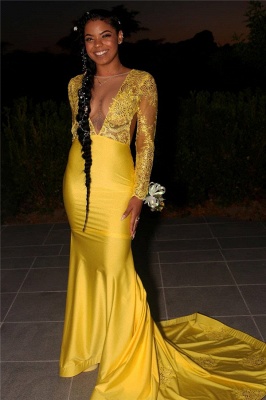 Sexy Round Neck Lace Sleeves Intimate Prom Dresses | Yellow Party Gowns_1