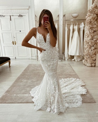 Simple Bohemian White Spaghetti Strap Wedding Dress with Lace Train_2