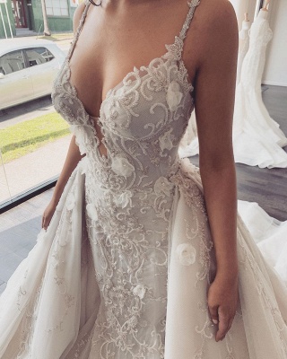 Sexy ärmellose Spitze Overskirt Brautkleider mit V-Ausschnitt für Hochzeit 2021_4