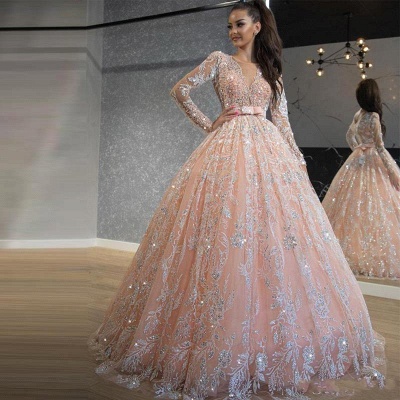 Принцесса Розовое свадебное платье трапециевидной формы с длинными рукавами и высокой талией с кружевным поясом_2