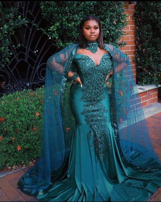 Glamorous Mermaid Evening Gowns Long Sleeve Appliques Floor Length Cape_4