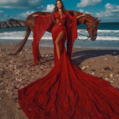 Блестящее красное экстремальное длинное платье с длинным шлейфом, сексуальное платье для выпускного с длинными рукавами и крестиком_2