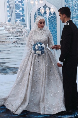 Роскошное свадебное платье с пайетками Aline с длинными рукавами и высоким воротом со шлейфом_2