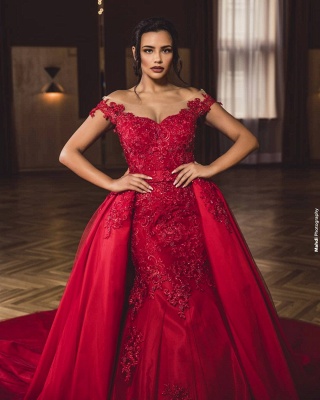 Charming Red Off Shoulder Lace Appliques Mermaid Prom Gown with Detachable Sweep Train_4