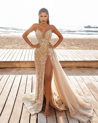Vestido de novia de playa de tul con abertura lateral de espagueti sexy_3