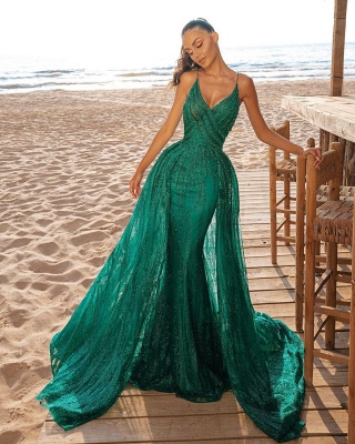 Mermaid Prom Party Kleid V-Ausschnitt Pailletten Abendkleider Sweep / Trompete Zug_2
