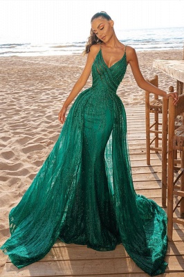 Mermaid Prom Party Kleid V-Ausschnitt Pailletten Abendkleider Sweep / Trompete Zug_1