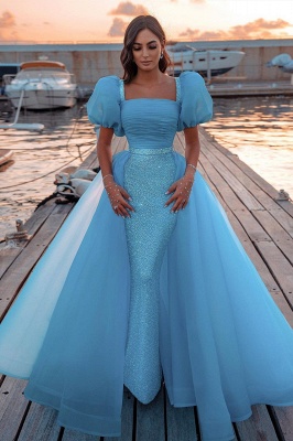 Небесно-голубые вечерние платья принцессы-русалки с длинными рукавами с короткими рукавами_1