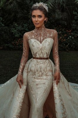 Luxurious Mermaid Gold Sequined Wedding Gowns Pattern Sweep/Trumpt Train_2