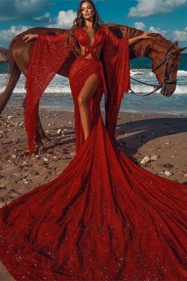 Блестящее красное экстремальное длинное платье с длинным шлейфом, сексуальное платье для выпускного с длинными рукавами и крестиком_1