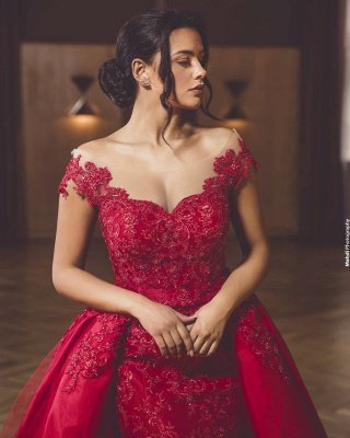 Charming Red Off Shoulder Lace Appliques Mermaid Prom Gown with Detachable Sweep Train_2
