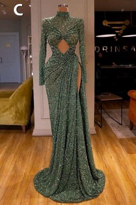 Блестящее темно-зеленое длинное платье для выпускного вечера без рукавов с высокими разрезами на бретельках и пайетками_7