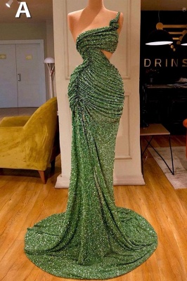Блестящее темно-зеленое длинное платье для выпускного вечера без рукавов с высокими разрезами на бретельках и пайетками_4