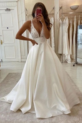 Elegant V-Neck Lace Wedding Dress A-line Sleeveless Dress for Brides_1