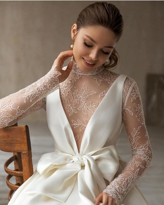 Elegant Deep V-Neck Satin Wedding Dress with Sweep Train Long Sleeves BowTie Aline Bridal Dress_3