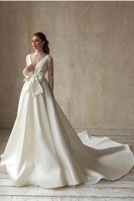Элегантное атласное свадебное платье с глубоким v-образным вырезом и широким шлейфом с длинными рукавами и галстуком-бабочкой Aline Свадебное платье_1