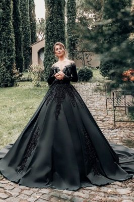 Gorgeous Black Long Sleeves A-line Wedding Dress Lace Appliques_1