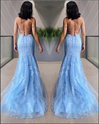 Spaghetti Straps Sky Blue Lace Tull Mermaid Party Gown Prom Wear Dress_3