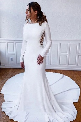 فستان زفاف أبيض أنيق بأكمام طويلة باتو استقبال زفاف بطول الأرض_1