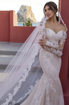 Sweetheart White Mermaid Lace Wedding Dresses_3