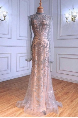 Luxury Sparkly Sequins Beads Long Mermaid Evening Gown Long Sleeve_1