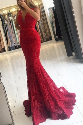 Sleeveless Red Lace Mermaid Prom Dress Sleeveless maxi Evening Dress_1