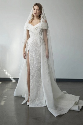 Vestido de novia blanco sirena con hombros descubiertos Vestido de novia con apliques de encaje con abertura lateral_2
