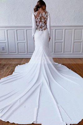 Bateau vestido elegante de mangas compridas branco para recepção de casamento vestido de noiva até o chão_2