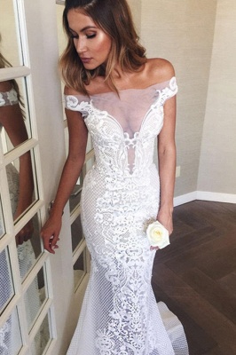 Off the shoulder Cap sleeves Mermaid White Lace Wedding Dresses