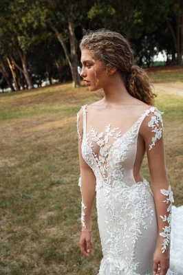 Vestido de noiva elegante branco floral de renda sereia de mangas compridas com decote em V_2
