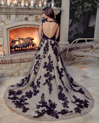 Elegantes ärmelloses schwarzes A-Linien-Hochzeitskleid mit Blumen_2