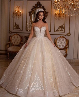 Luxuriöses Sweetheart Sparkly Pailletten Brautkleid mit langen Ärmeln_2