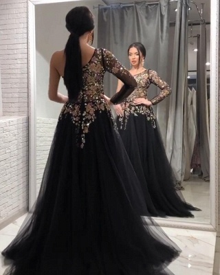 Impresionante vestido de noche de tul floral negro de un hombro_3