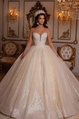 Luxury Sweetheart Sparkly Sequins Bridal Gown Long Sleeves_1
