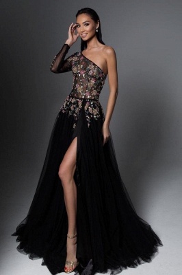 Impresionante vestido de noche de tul floral negro de un hombro_1