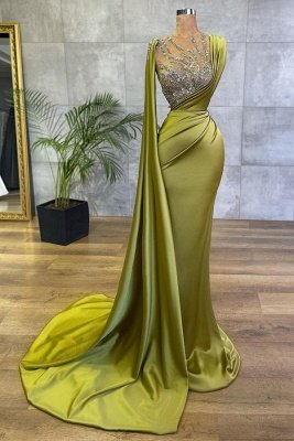 Encantador vestido de noche de satén de sirena de color salvia con capa lateral_1