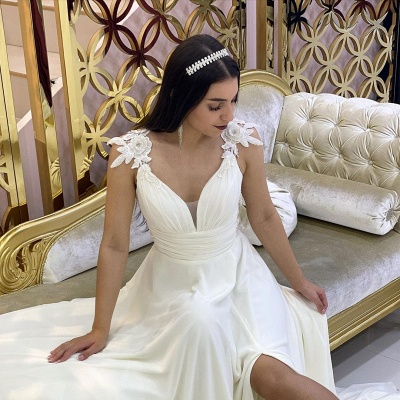 Шикарное шифоновое длинное свадебное платье без рукавов с V-образным вырезом Aline_4