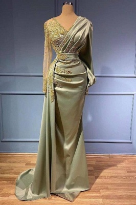 Вечернее платье русалки с длинными рукавами, 3D-цветочные аппликации, атласный V-образный вырез с боковой накидкой_1
